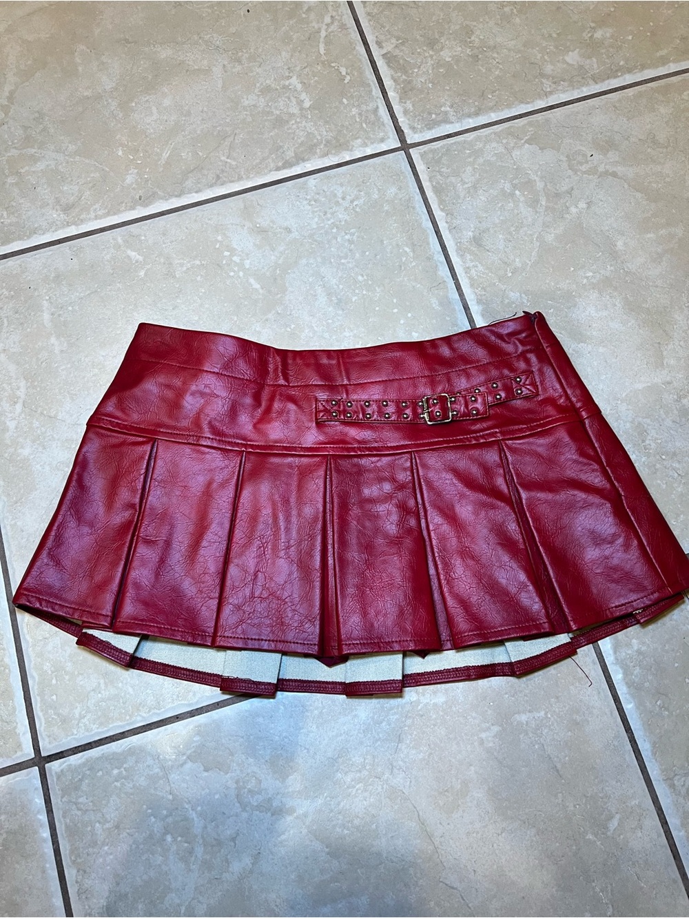 Edikted Carmine Red Faux Leather Pleated Mini Skirt with Studded Belt Detail